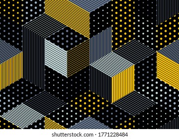 Dotted seamless isometric geometric pattern, dots and lines 3D cubes vector tiling background, architecture and construction, wallpaper design.