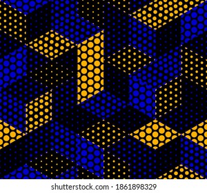 Dotted seamless isometric geometric pattern, dots 3D cubes vector tiling background, architecture and construction, wallpaper design.