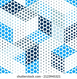 Dotted seamless isometric geometric pattern, dots 3D cubes vector tiling background, architecture and construction, wallpaper design.