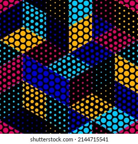 Dotted seamless isometric geometric pattern, dots 3D cubes vector tiling background, architecture and construction, wallpaper design.