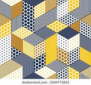 Dotted seamless isometric geometric pattern, dots and lines 3D cubes vector tiling background, architecture and construction, wallpaper design.