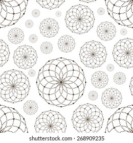 Dotted seamless pattern with circles and nodes. Repeating modern stylish geometric background. Simple abstract monochrome vector texture.