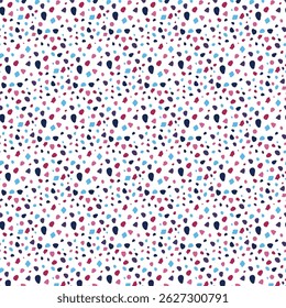 Dotted seamless pattern of different geometric elements on transparent background for textiles, fabric for kids, baby. Abstract decorative design with pink, blue, dark, blue, purple, red shapes