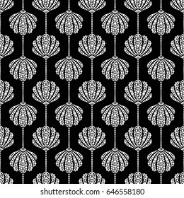 Dotted seamless pattern of seashells in garlands. Maritime print. Abstract black and white mosaic background. Vector illustration.