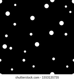 Dotted seamless pattern. White Polka Dot on black background Background. Vector illustration. Monochrome minimalist graphic design. Wallpaper, furniture fabric, textile.