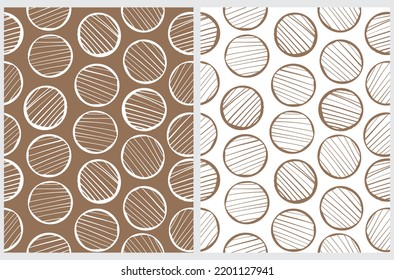 Dotted Seamless Vector Pattern. Circles with Stripes on a White and Light Brown Background. Simple Hand Drawn Irregular Geometric Print ideal for Fabric, Textile. 