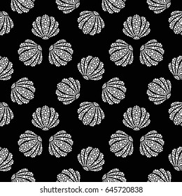 Dotted seashells seamless pattern. Maritime print. Abstract black and white mosaic background. Vector illustration.