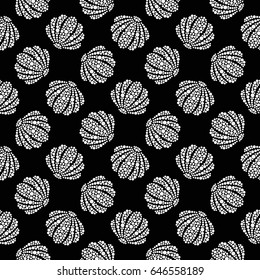 Dotted seashells seamless pattern. Maritime print. Abstract black and white mosaic background. Vector illustration.