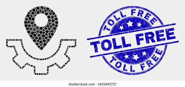 Dotted Service Map Marker Mosaic Pictogram And Toll Free Seal Stamp. Blue Vector Rounded Distress Seal Stamp With Toll Free Title. Vector Combination In Flat Style.