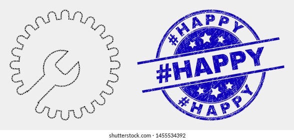 Dotted settings gear mosaic pictogram and #Happy seal stamp. Blue vector round textured seal stamp with #Happy phrase. Vector combination in flat style.