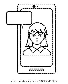 dotted shape avatar woman inside smartphone with chat bubble