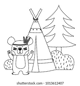 dotted shape bear animal with camp next to bush and pine tree