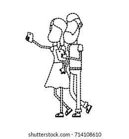 dotted shape beauty couple with hairstyle and smartphone in the hand