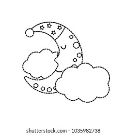 dotted shape cute moon with sleep hat design and clouds with stars