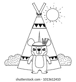dotted shape ethnic bear with camp and bushes plants