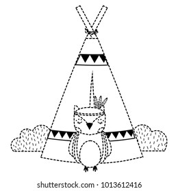 dotted shape ethnic owl with camp and bushes plants