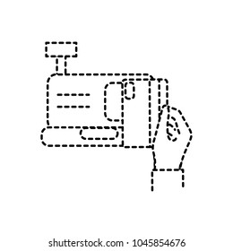 dotted shape hand with credit card finance and dataphone