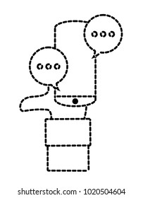 dotted shape hand man with smartphone techology and chat bubbles