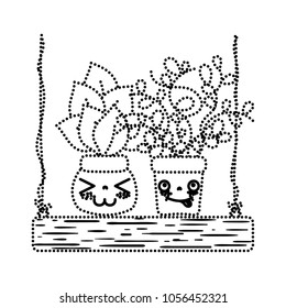 dotted shape kawaii facial expression plants with leaves in the swings
