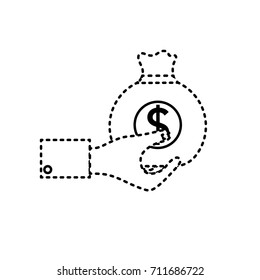 dotted shape man hand with bag with cash money