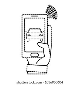 dotted shape man hand with smartphone and wifi connection