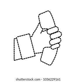 dotted shape man hand with telephone communication technology