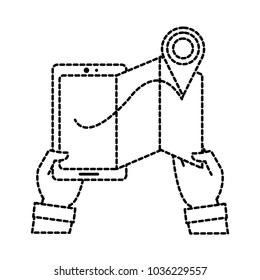dotted shape man hands with smartphone with map and location symbol