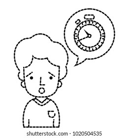 dotted shape man with t-shirt and choronometer inside chat bubble