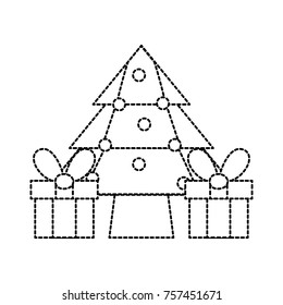 dotted shape merry christmas pine tree with presents gifts