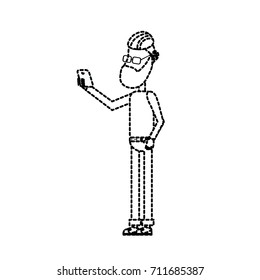 dotted shape nice man with hairstyle and smartphone in the hand