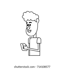 dotted shape nice man with hairstyle and smartphone in the hand
