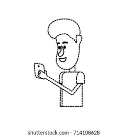 dotted shape nice man with hairstyle and smartphone in the hand