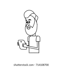 dotted shape nice man with hairstyle and smartphone in the hand