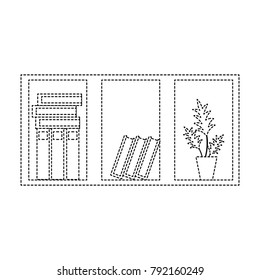 dotted shape office wood shelf with books and plant