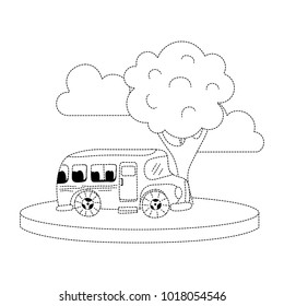 dotted shape school bus in the city with clouds and tree