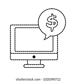 dotted shape screen computer with dollar symbol inside chat bubble