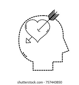 dotted shape silhouette man with arrow inside heart