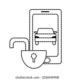 dotted shape smartphone with car and open padlock security