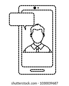 dotted shape user man faceless inside smartphone with chat bubble
