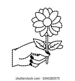 dotted shape woman hand with nice flower petals and leaves