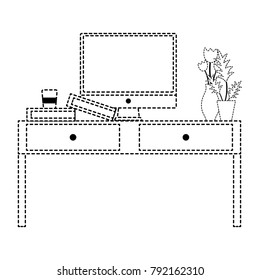 dotted shape wood desk object with drawers and computer