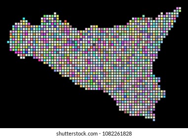 Dotted Sicilia Map. Vector geographic map in randomized colors on a black background. Vector composition of Sicilia Map combined of regular square pixels.
