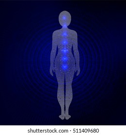 Dotted silhouette of woman with chakra symbols on dark blue background. Vector illustration.