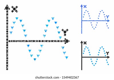 Dotted sine plot composition of small circles in different sizes and shades, based on dotted sine plot icon. Vector small circles are united into blue illustration.