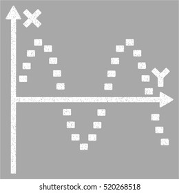 Dotted Sine Plot grainy textured icon for overlay watermark stamps. Flat symbol with dust texture. Dotted vector white ink rubber seal stamp with grunge design on a silver background.