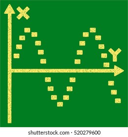 Dotted Sine Plot grainy textured icon for overlay watermark stamps. Flat symbol with dust texture. Dotted vector yellow ink rubber seal stamp with grunge design on a green background.