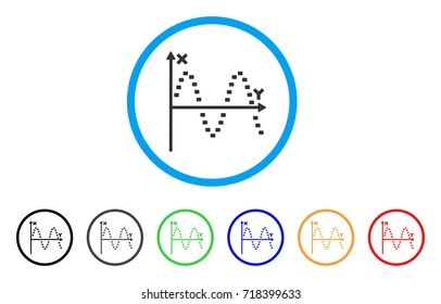 Dotted Sine Plot rounded icon. Style is a flat dotted sine plot gray symbol inside light blue circle with black, gray, green, blue, red, orange versions.