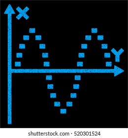 Dotted Sinusoid Plot grainy textured icon for overlay watermark stamps. Flat symbol with scratched texture. Dotted vector blue ink rubber seal stamp with grunge design on a black background.