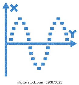 Dotted Sinusoid Plot grainy textured icon for overlay watermark stamps. Flat symbol with dirty texture. Dotted vector cobalt ink rubber seal stamp with grunge design on a white background.