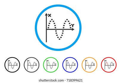 Dotted Sinusoid Plot rounded icon. Style is a flat dotted sinusoid plot grey symbol inside light blue circle with black, gray, green, blue, red, orange versions.
